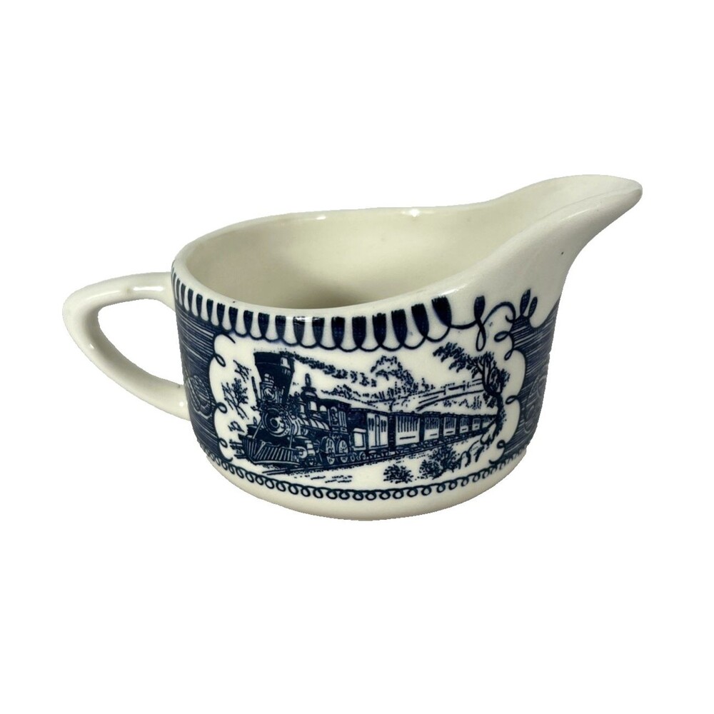 Vintage Royal China Currier & Ives Creamer "Express Train" Blue & White Transfer